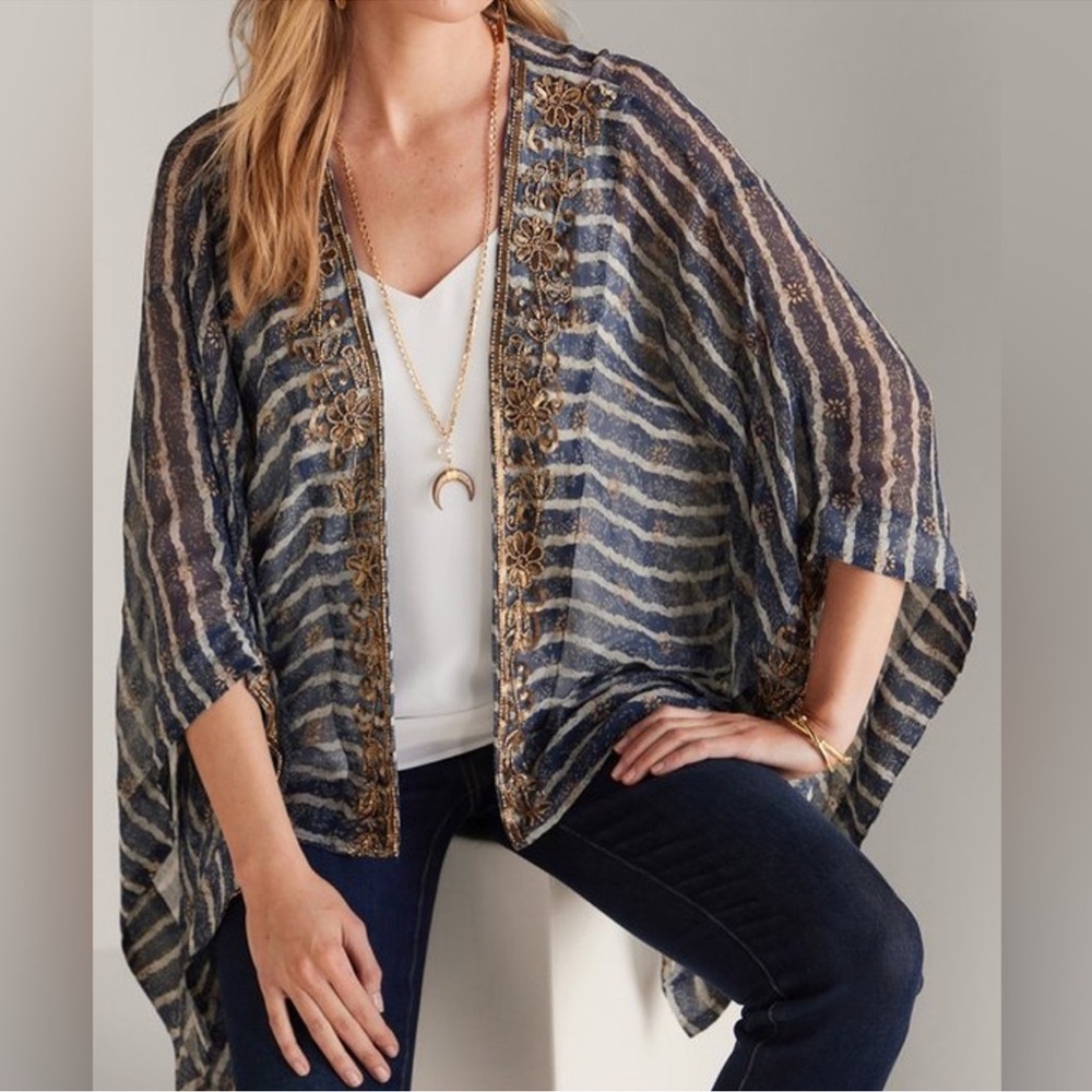 Soft Surroundings Midas Cardi Sheer Navy Stripe Gold Beaded Kimono L/XL